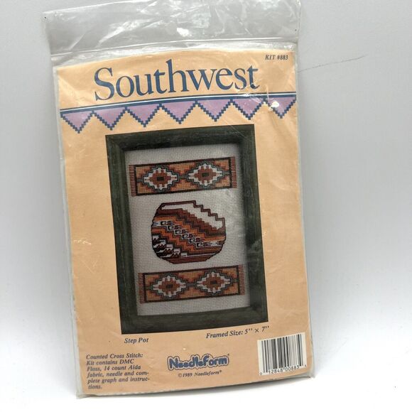 NEW 1989 Needleform Counted Cross Stitch Kit Framed 5x7 Southwest Step Pot #883 - Picture 1 of 7